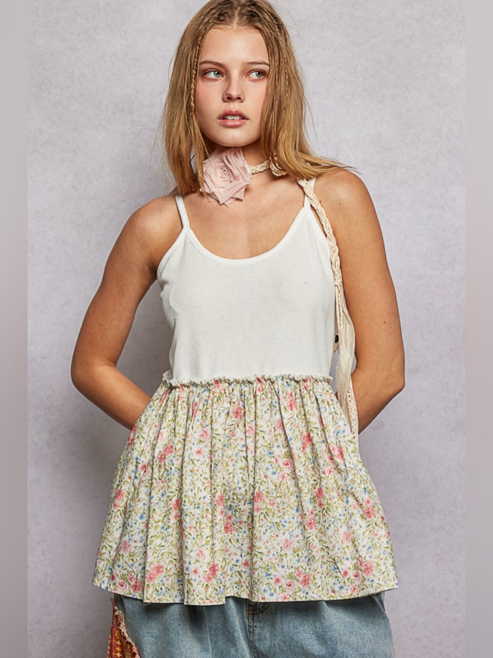 146 • POL Floral Cream and Pink Peplum Tank Top